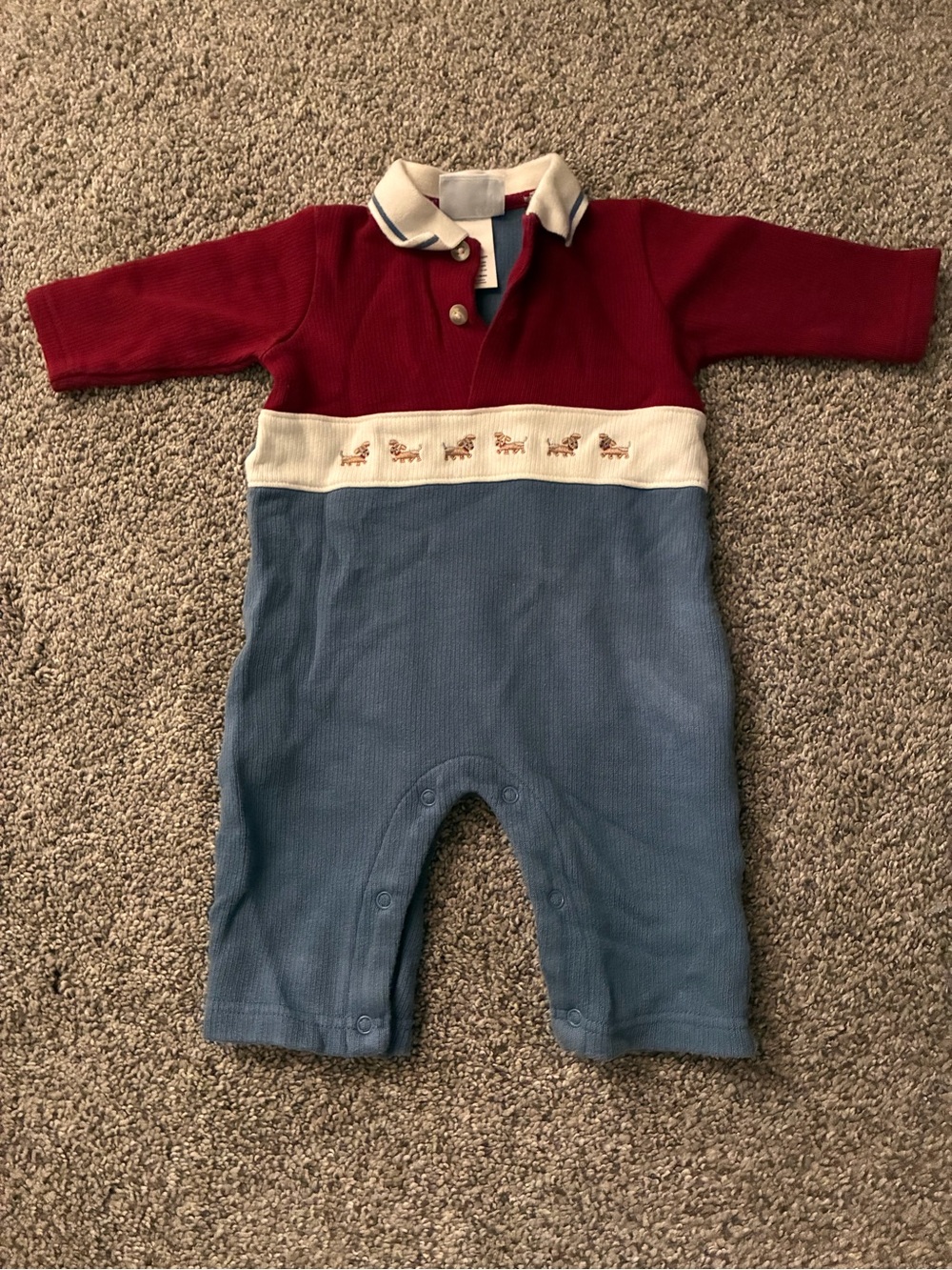 Signature Little Me Red, Cream & Blue Collared Baby Romper